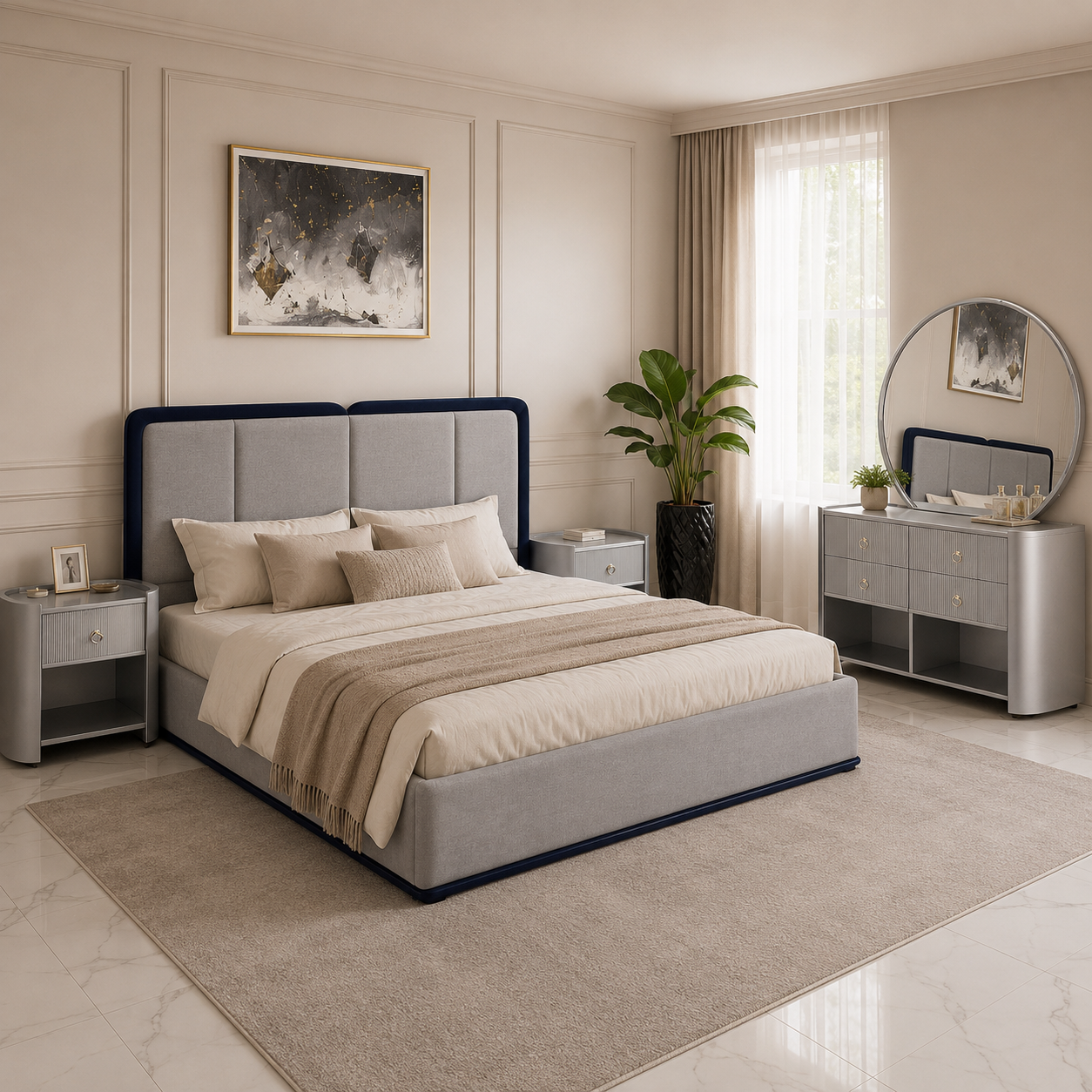 Modern Grey Upholstered Bed Set with Dresser- Ps15