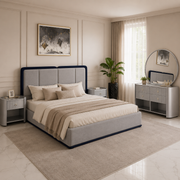 Modern Grey Upholstered Bed Set with Dresser- Ps15
