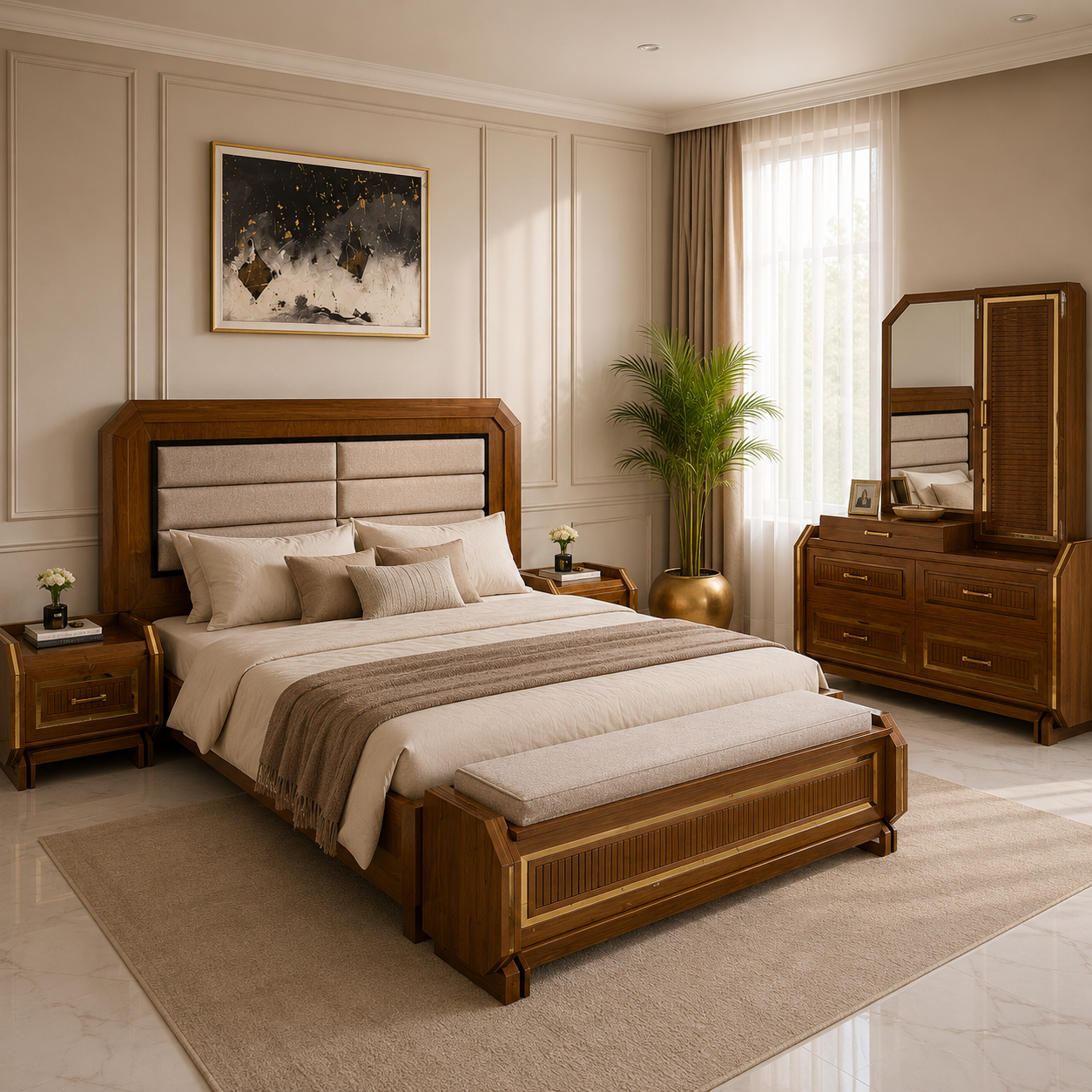 Modern Walnut Upholstered Bed set  - AK36