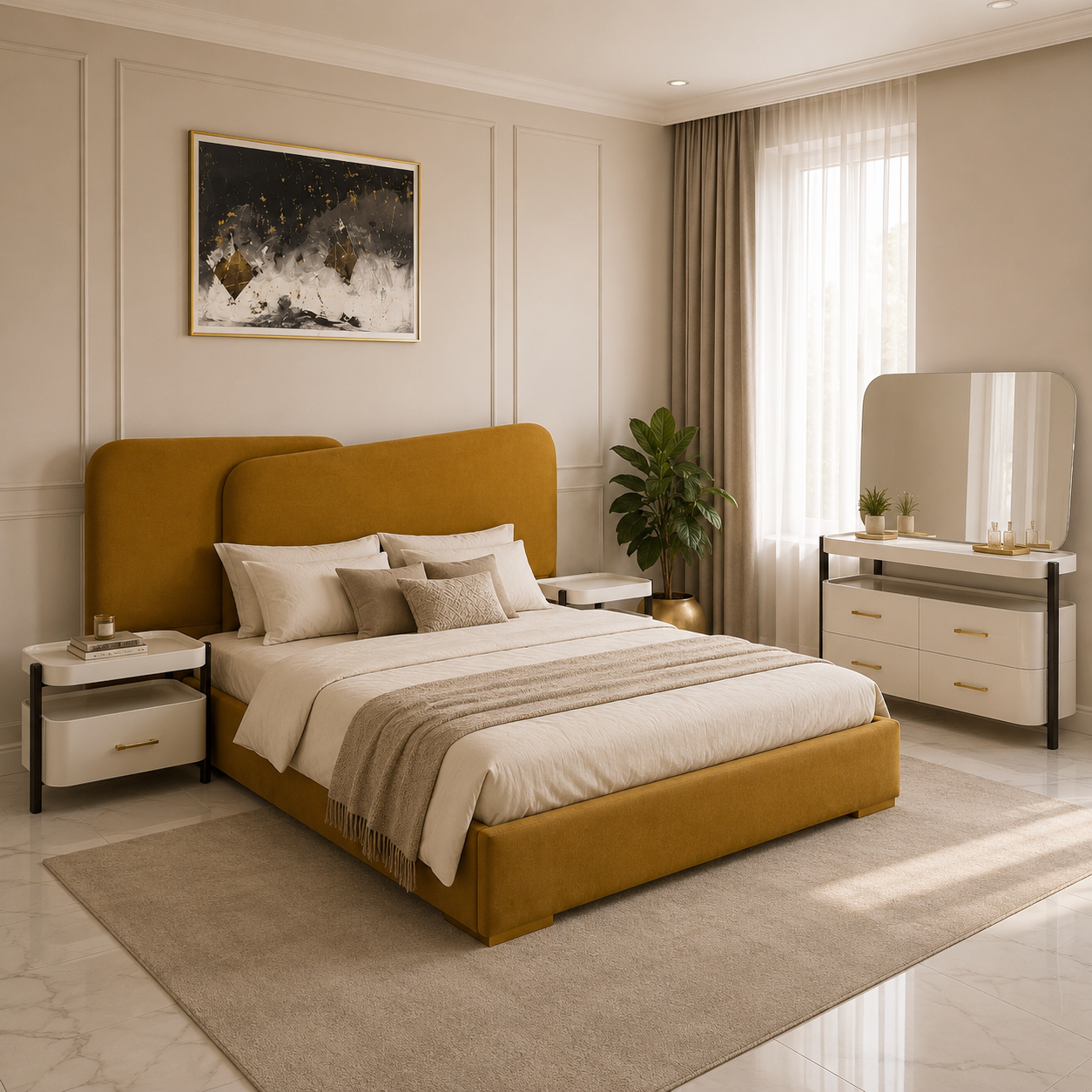 Mustard Modern Bed Set with Dressing Table- Ps11