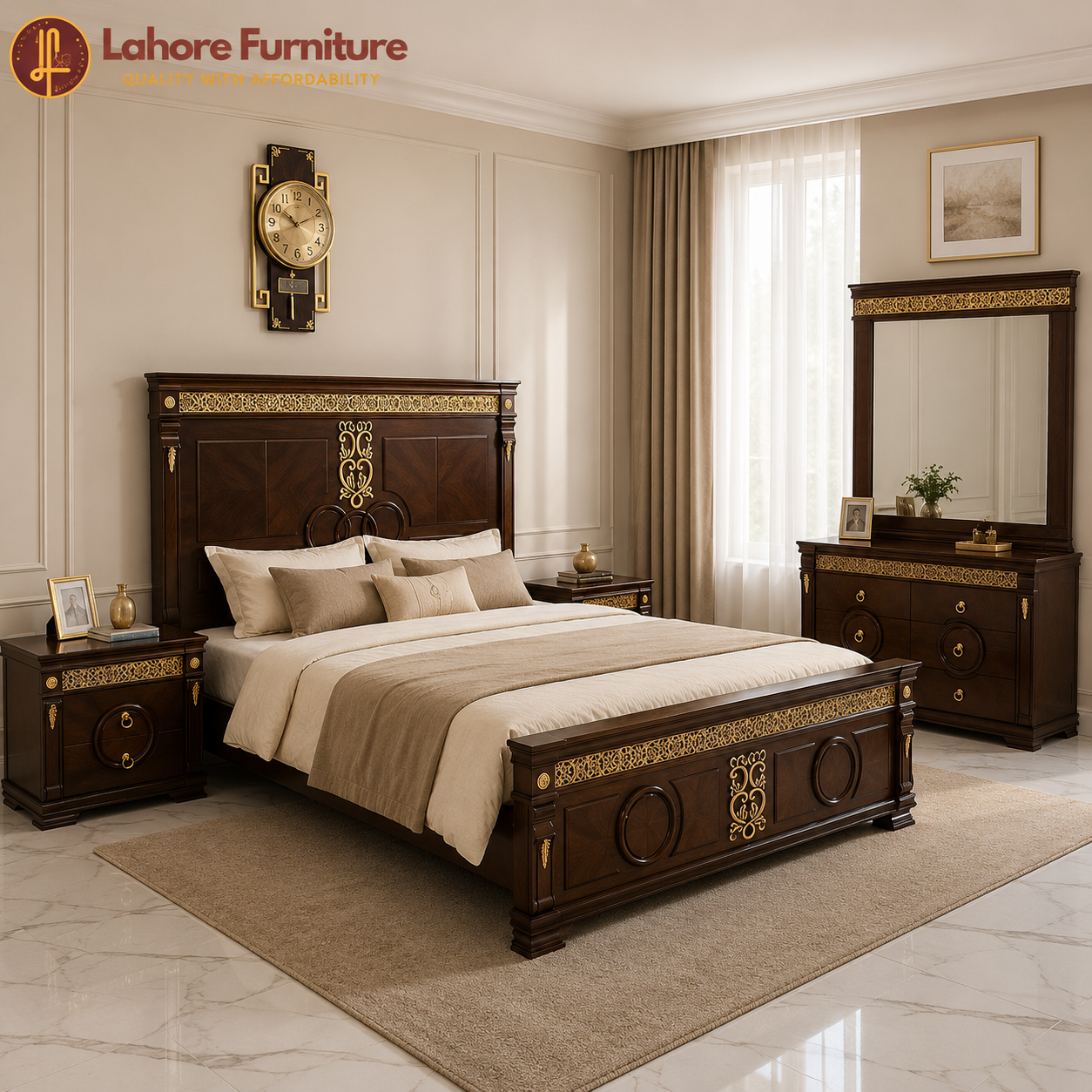 Classic Walnut Gold Inlay  Bed Set - As38