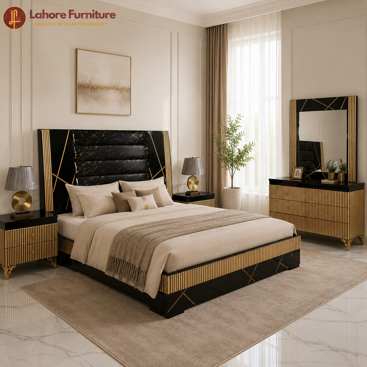 Modern Black Gold Luxury Bedroom Set with Dressing Table - 5F03
