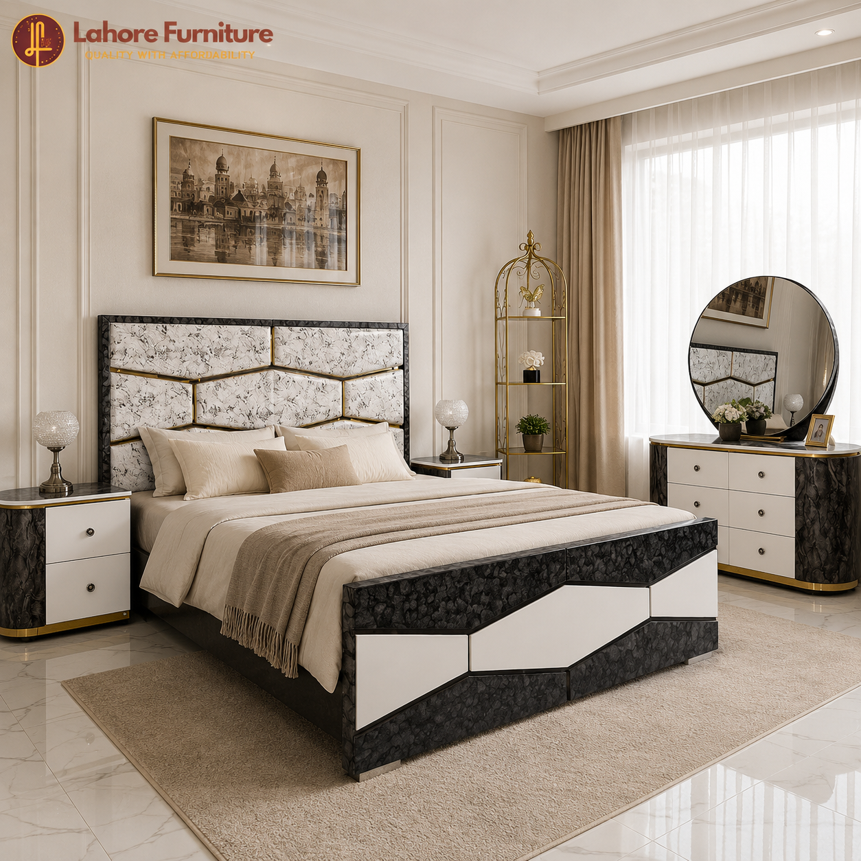 Modern White Marble Bedroom Set with Round Mirror Dresser - 5F01