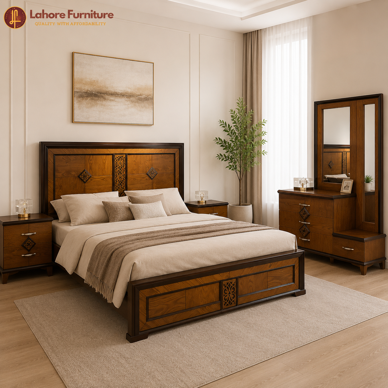 Modern Walnut Wood Bedroom Set with Dressing Table - AS34