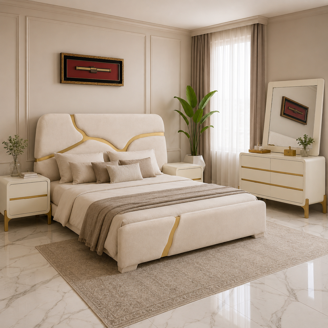 Luxurious minimalist bed set  with gold accents -Md05