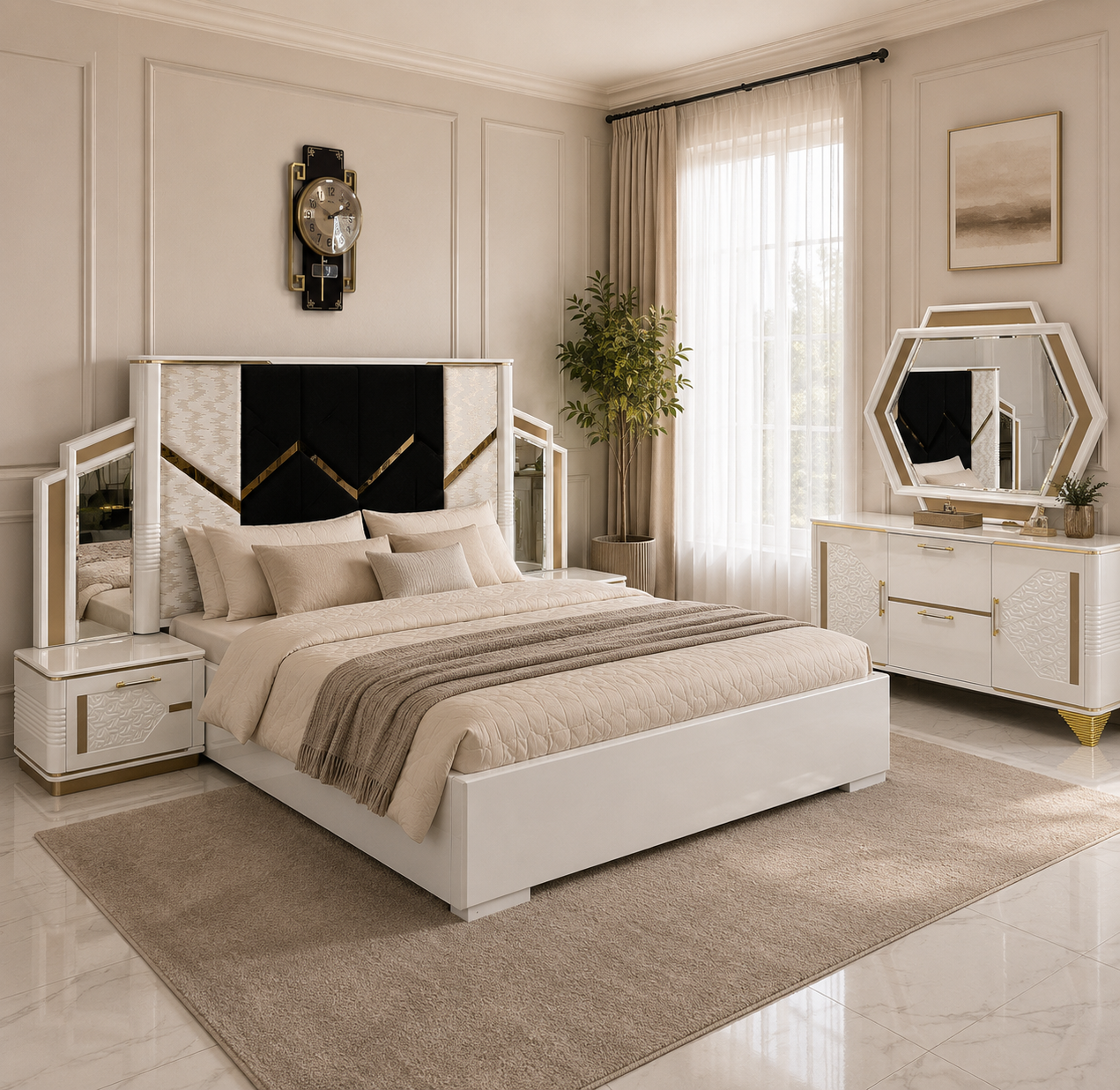 Modern luxurious bed Set  with gold accents - MD01