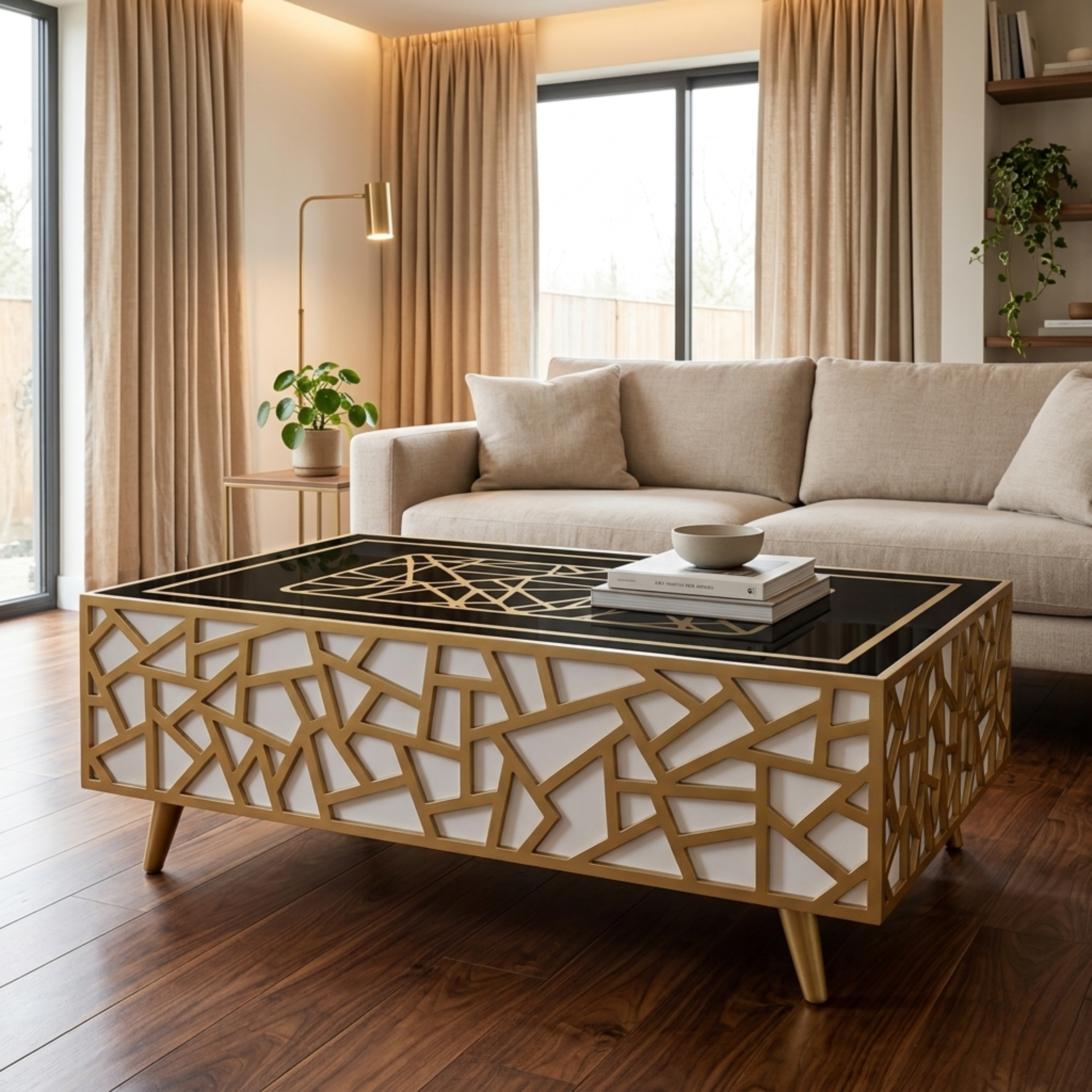 Gold-Inlay  with Black Glass Top Center Table - CT13