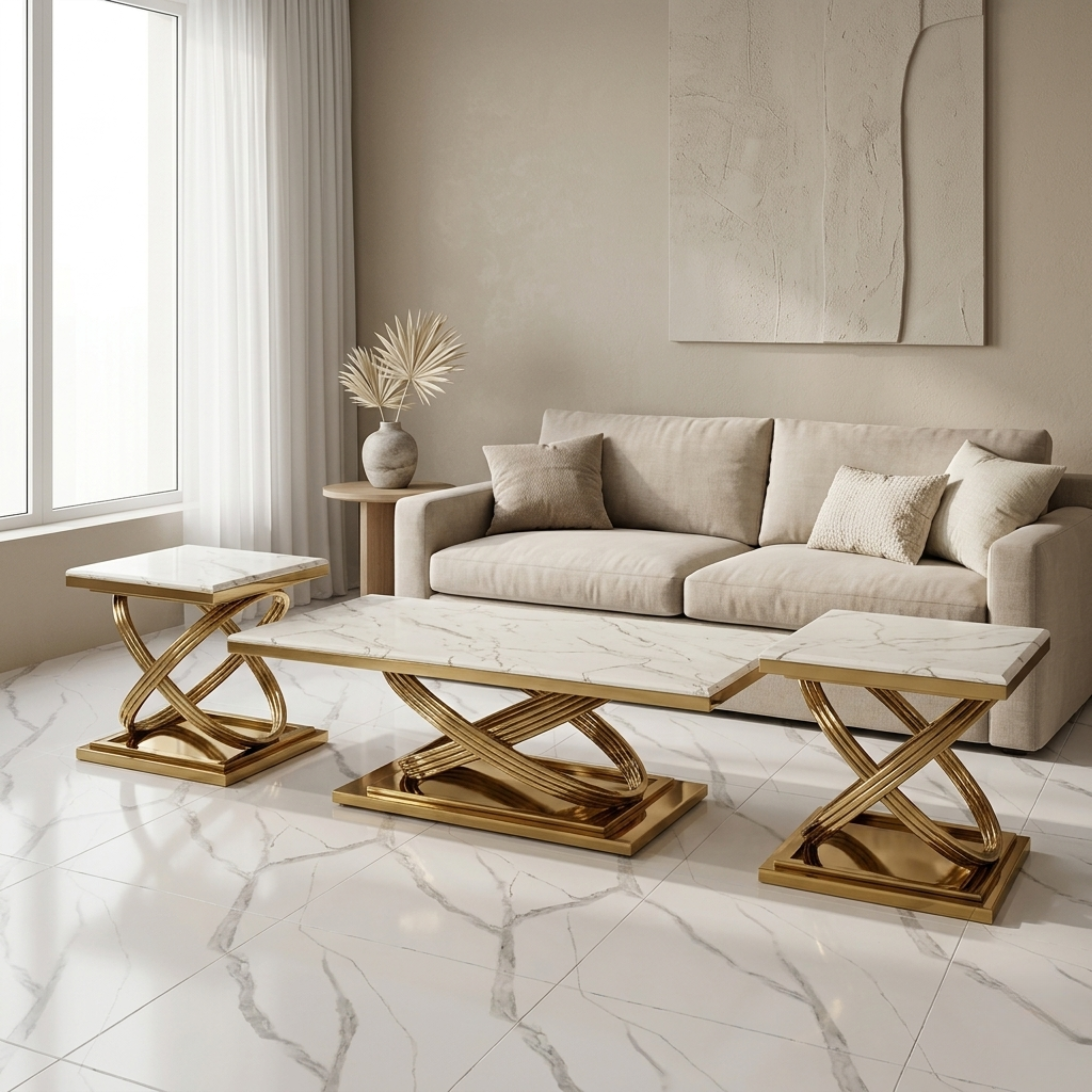 Helix Cross-Base Marble  Center  Table Collection (Set of 3)